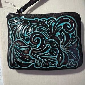 NWT Dark Brown and Turquoise Patricia Nash Leather Wristlet